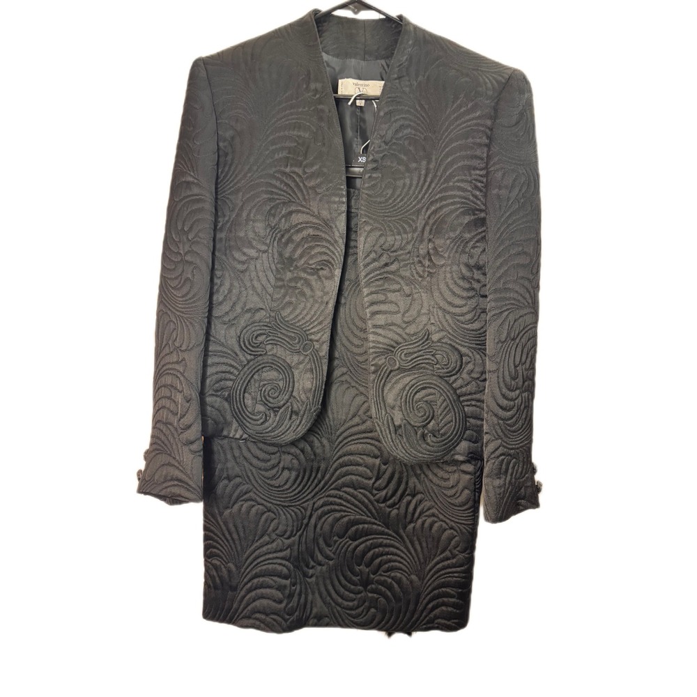 VTG Valentino‎ Boutique Skirt Suit Set Black Quilted Jacket Pencil Skirt Women 8